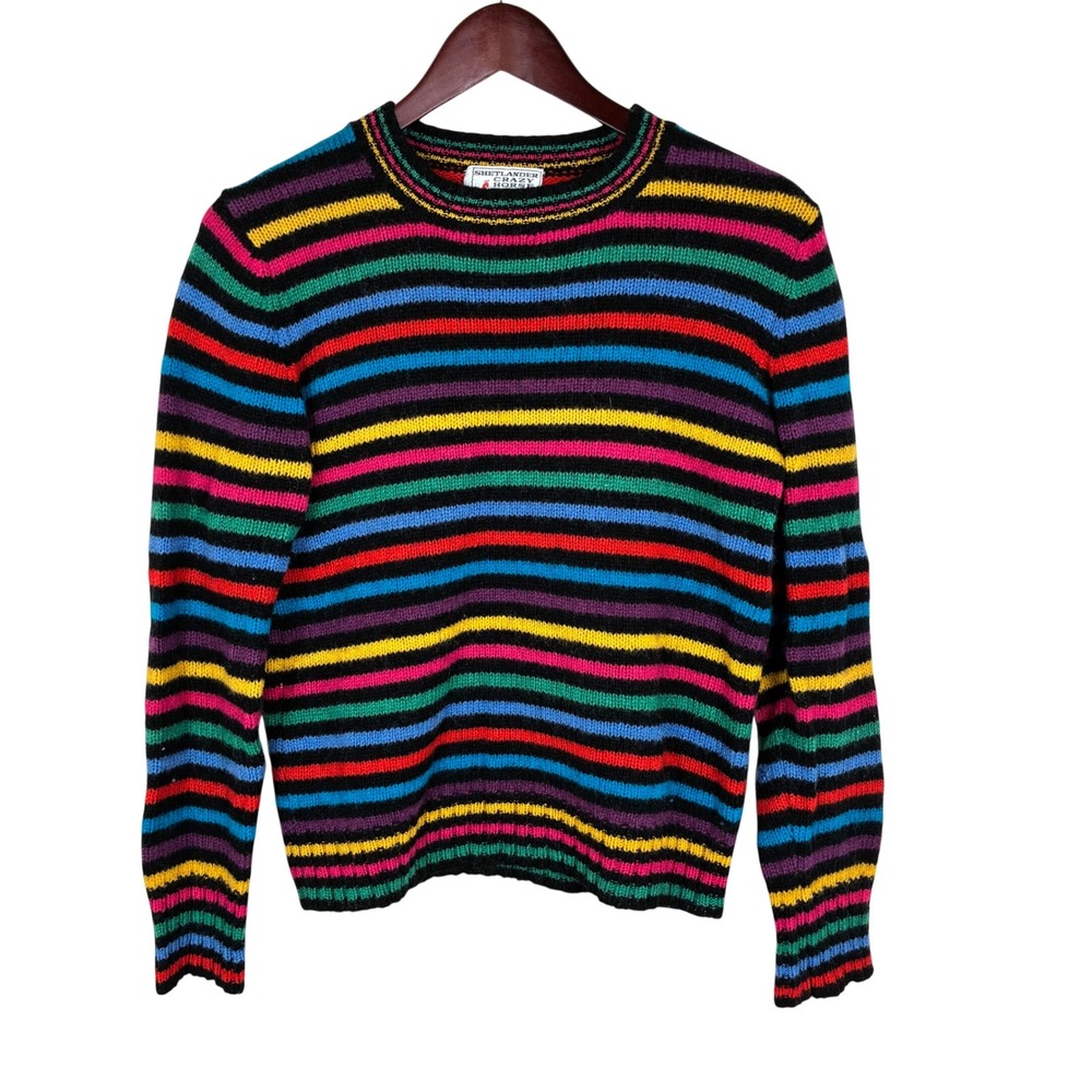 Vintage Crazy Horse Sweater S %100 Wool Punk Indie Grunge Striped Boho Rainbow